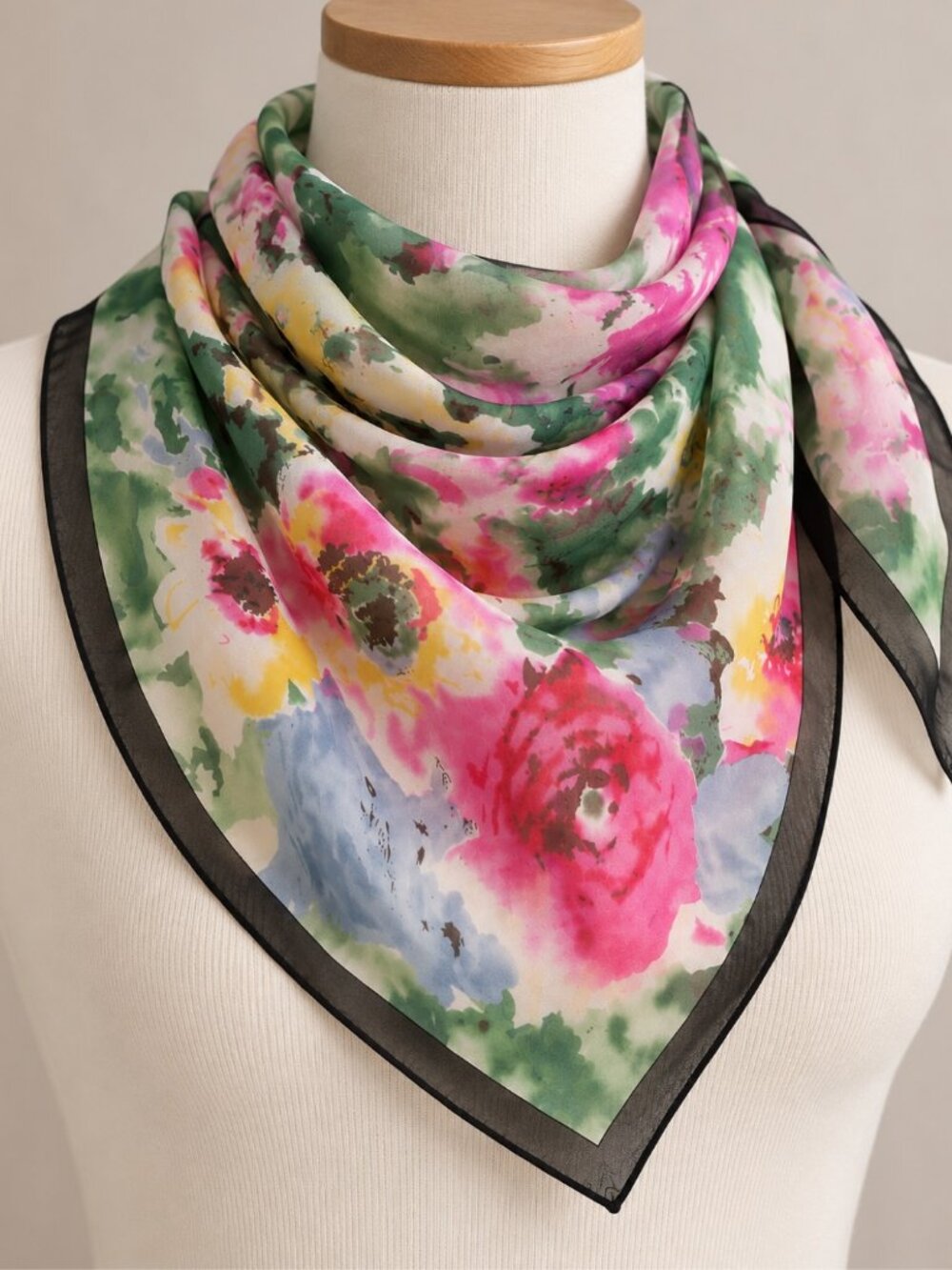 Watercolor Floral Square Scarf with Black Border